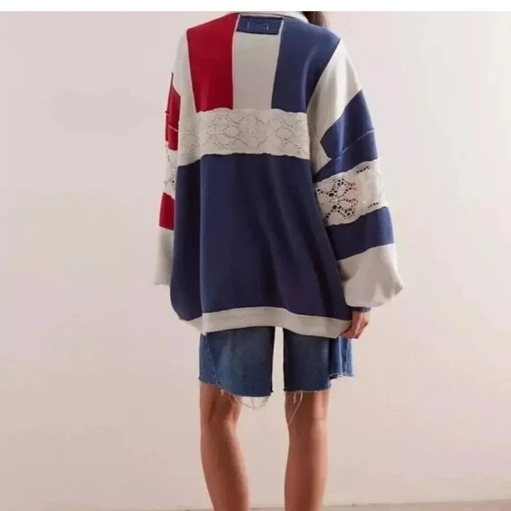 Free People We The Free American Dream Polo Pullover Top Striped